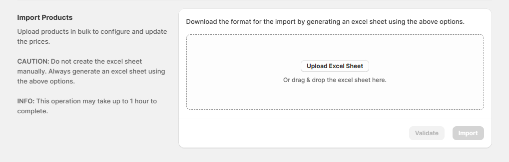 Import Products card with the Upload Excel Sheet drop zone and the Validate and Import buttons