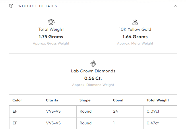 Product Details: total weight 1.75 grams, 10K yellow gold 1.64 grams, lab grown diamonds 0.56 ct, and a diamond table by color, clarity, shape, count and weight