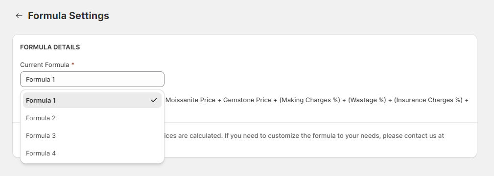 Formula Settings page with the Current Formula dropdown open, listing Formula 1 to Formula 4